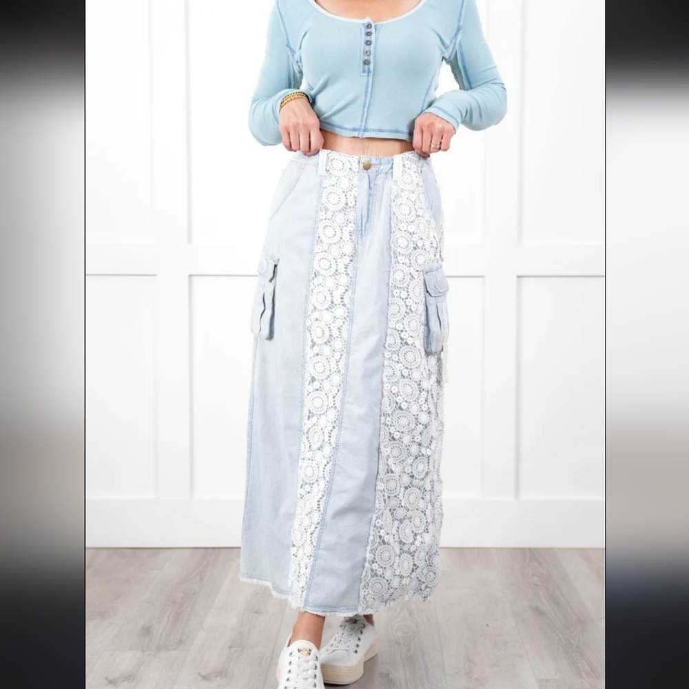 Lace Panel Light Blue Maxi Skirt NWOT